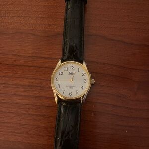 Q&Q Quartz Gold and Black Watch with Leather Strap